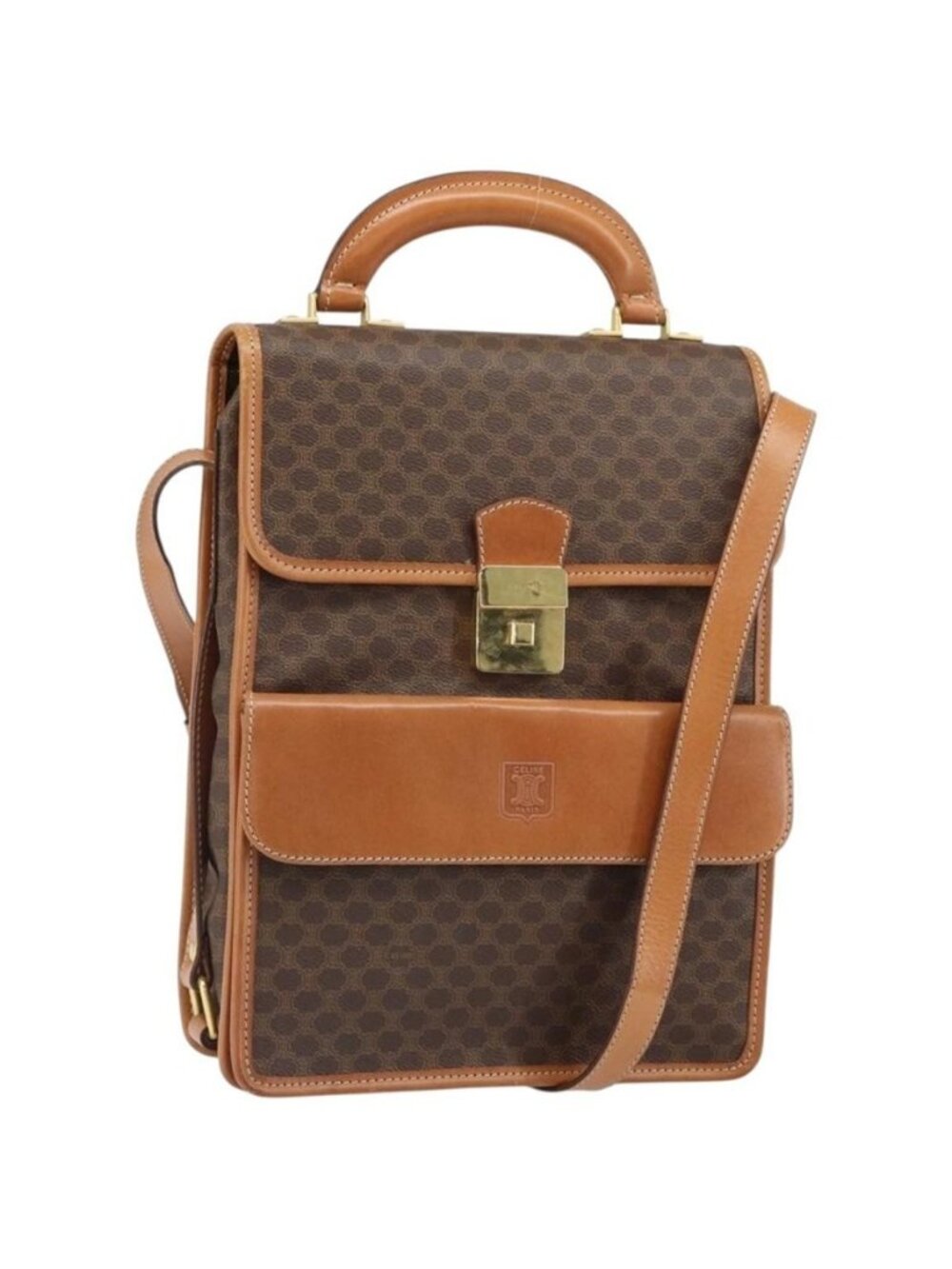Authentic CELINE Macadam Canvas Shoulder Bag PVC Leather Brown Gold